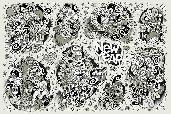 Doodle cartoon set of New Year and Christmas objects Stock photo © balabolka