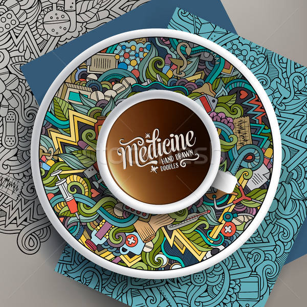 Vector up of coffee and Medical doodles on a saucer, paper and background Stock photo © balabolka