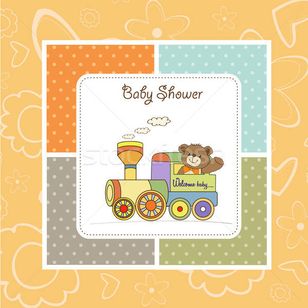 Stock photo: baby shower card with teddy bear and train toy