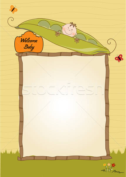 little boy sleeping in a pea been, baby announcement card Stock photo © balasoiu