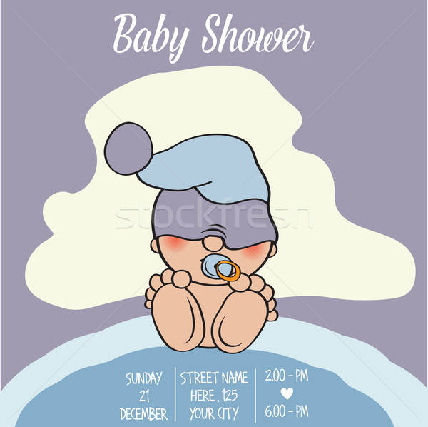 Stock photo: baby boy shower card with funny little baby