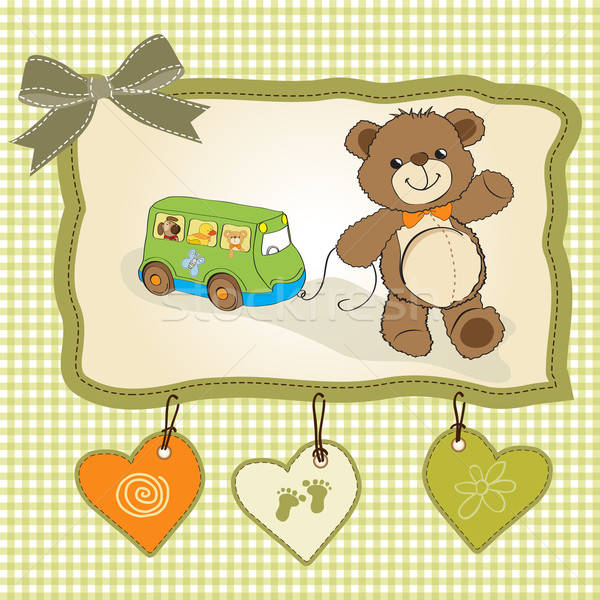 Bebê chuveiro cartão bonitinho ursinho de pelúcia ônibus Foto stock © balasoiu