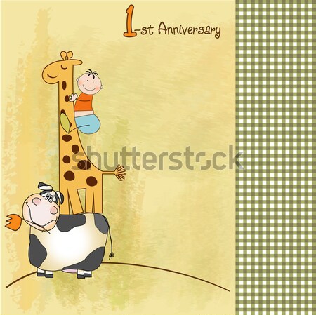 Foto stock: Engraçado · desenho · animado · aniversário · cartão · menina · bebê