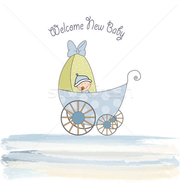 baby boy announcement card with baby and pram Stock photo © balasoiu