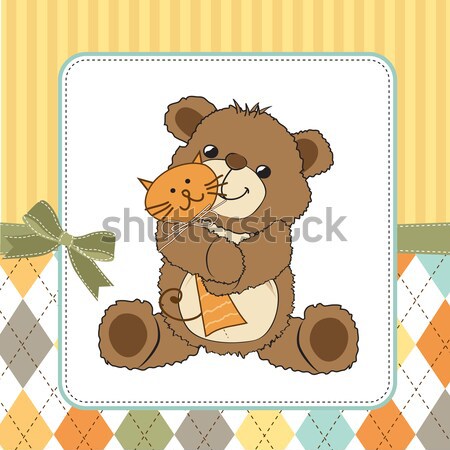 new baby announcement card with teddy bear and flower Stock photo © balasoiu