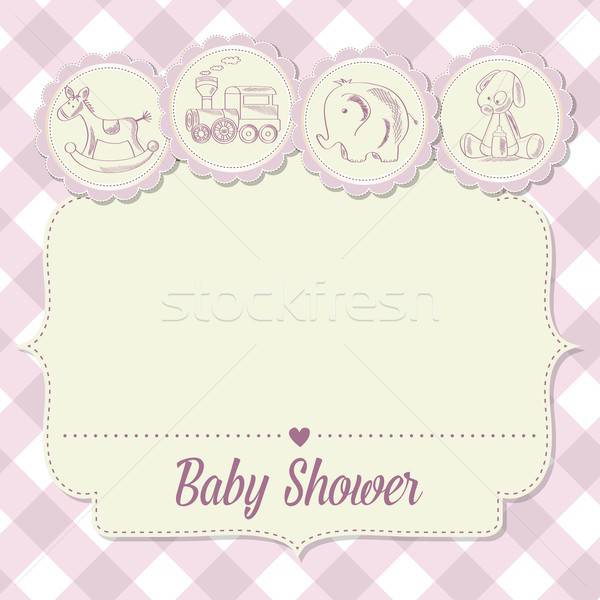 Stock photo: baby girl shower card with retro toys