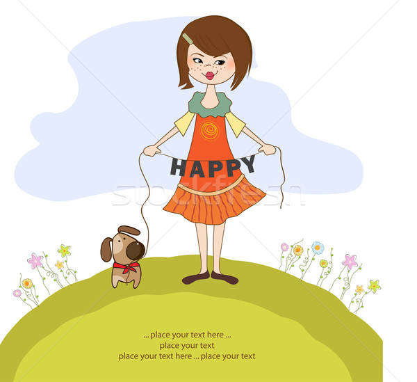 happy girl with cute dog Stock photo © balasoiu