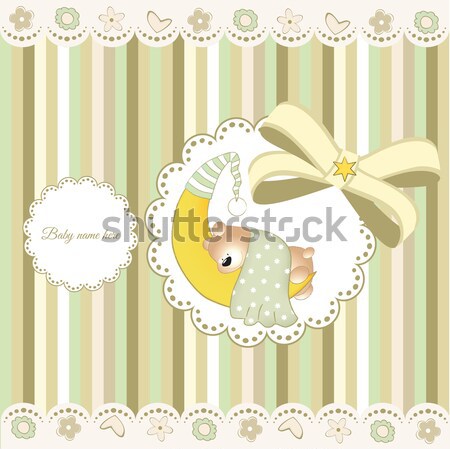 baby shower card with little baby boy sleep with his teddy bear toy Stock photo © balasoiu