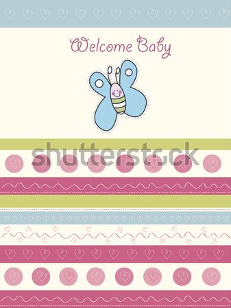 childish baby girl announcement card with hippo toy Stock photo © balasoiu