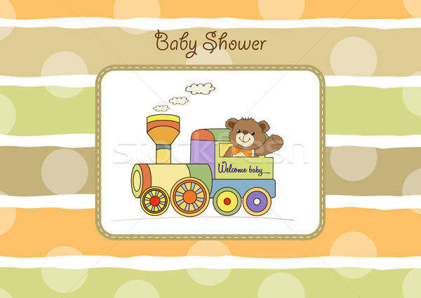 Copil duş card ursuleţ tren jucărie Imagine de stoc © balasoiu