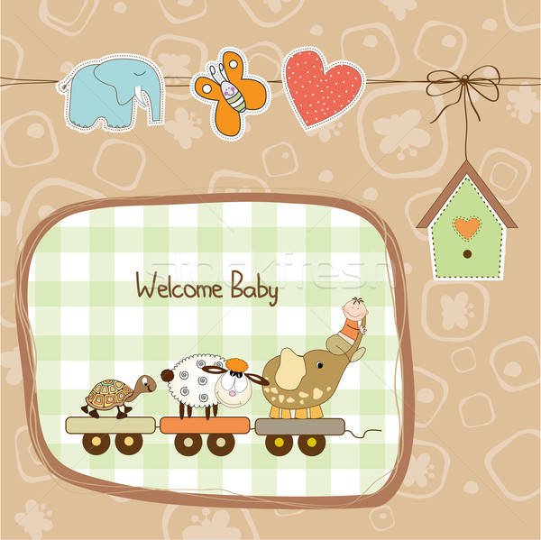 new baby announcement card with animal's train Stock photo © balasoiu