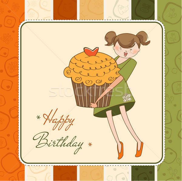 Happy Birthday card with girl and cup cake Stock photo © balasoiu