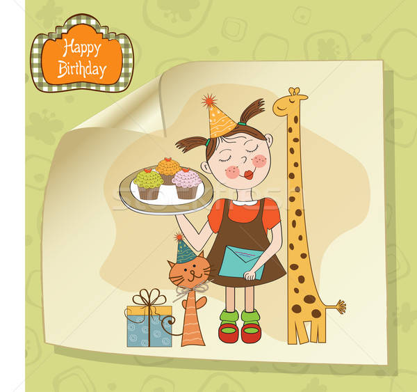 Happy Birthday card with funny girl, animals and cupcakes Stock photo © balasoiu