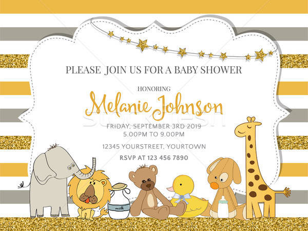 Lovely baby shower card template with golden glittering details Stock photo © balasoiu