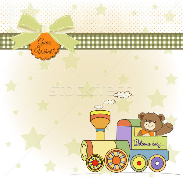Baby Dusche Karte Teddybär Zug Spielzeug Stock foto © balasoiu