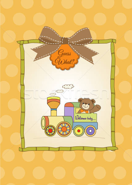 Stock photo: baby shower card with teddy bear and train toy