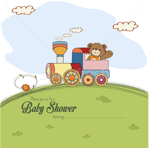 Baby douche kaart teddybeer bloem gelukkig Stockfoto © balasoiu