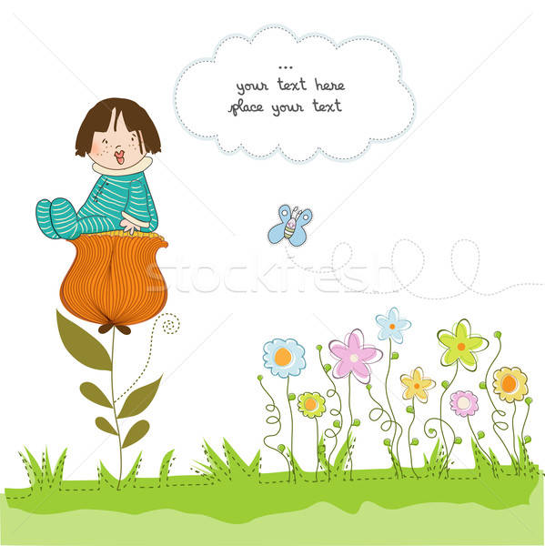 Tebrik kartı bebek oturma çiçek kız bahçe Stok fotoğraf © balasoiu