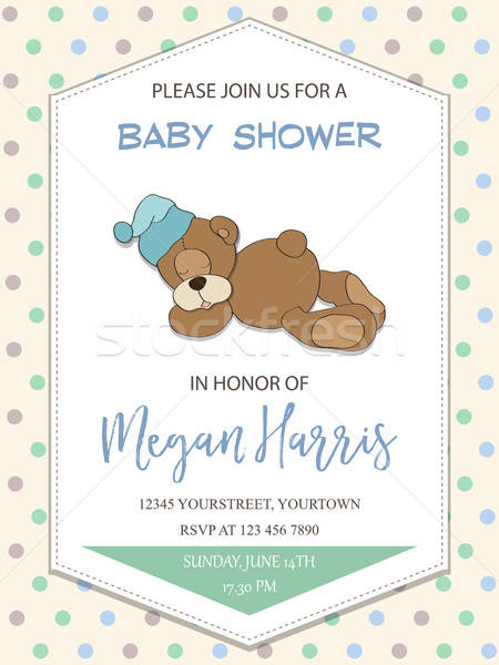 Baby Junge Dusche Karte wenig Teddybär Stock foto © balasoiu