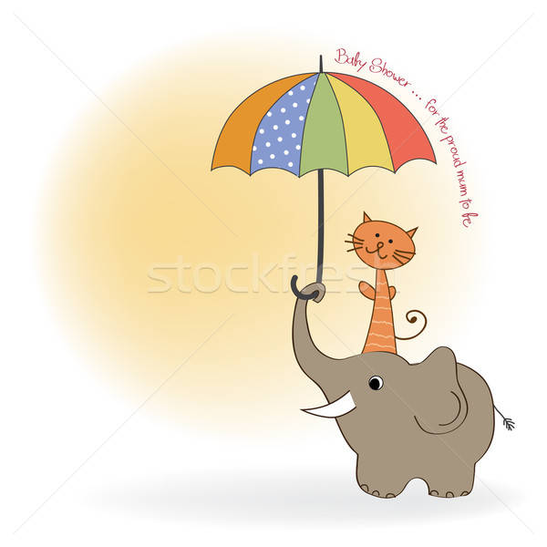 baby shower card with funny elephant and little cat under umbrel Stock photo © balasoiu