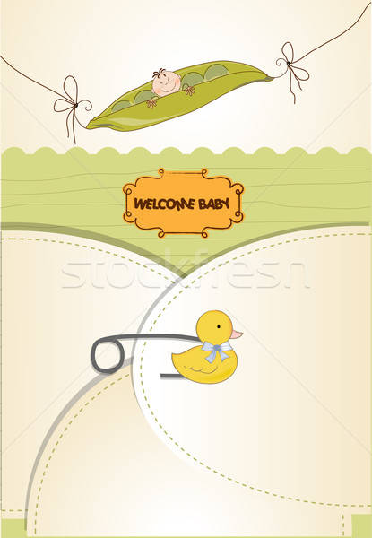 Stock photo: little boy sleeping in a pea been, baby announcement card