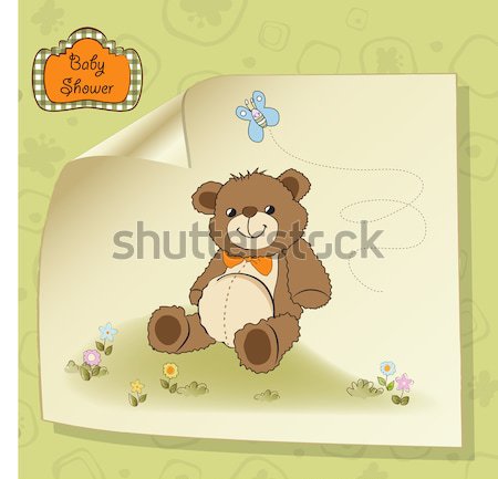 welcome baby card with girl teddy bear and her duck Stock photo © balasoiu
