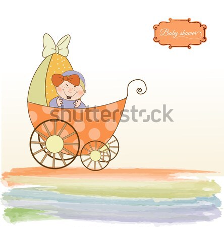 baby boy announcement card with baby and pram Stock photo © balasoiu