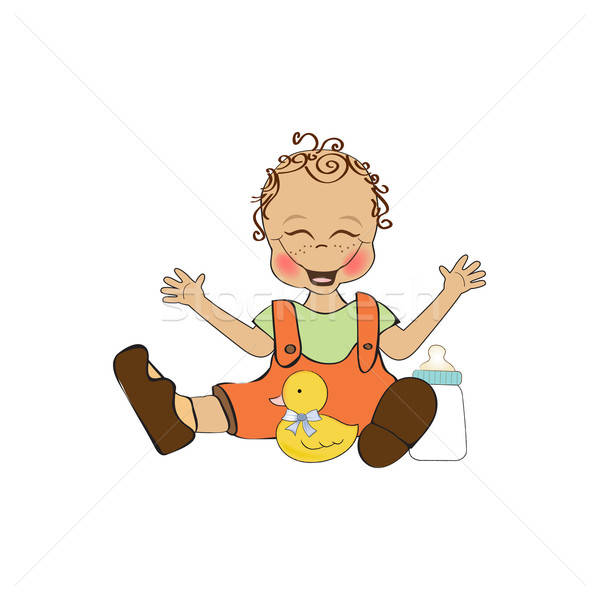 baby boy playing with his duck toy, welcome baby card Stock photo © balasoiu