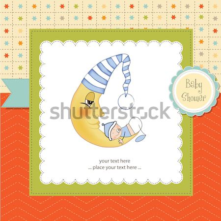 Stock photo: baby shower card with little baby boy sleep with his teddy bear 