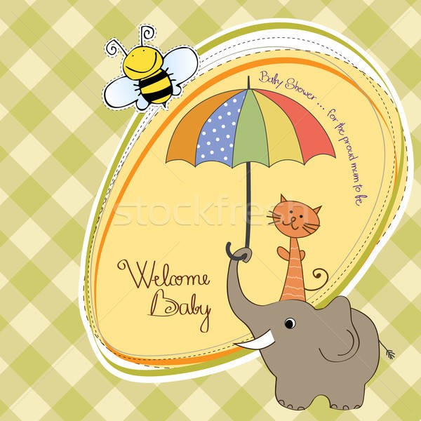 Stock photo: baby shower card with funny elephant and little cat under umbrel