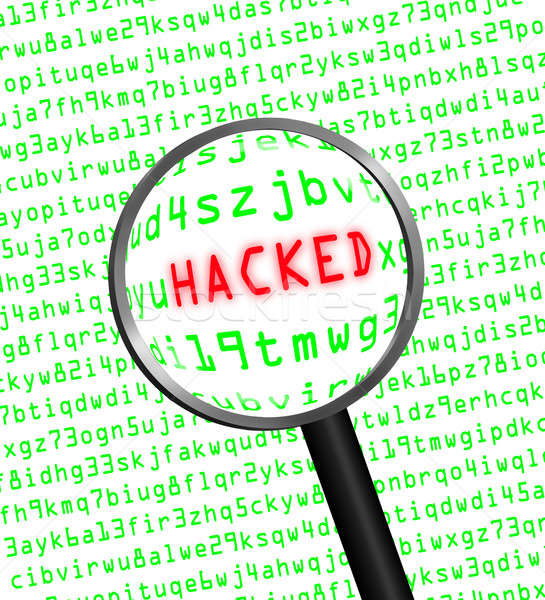 Red word 'HACKED' revealed in green computer code through a magn Stock photo © Balefire9