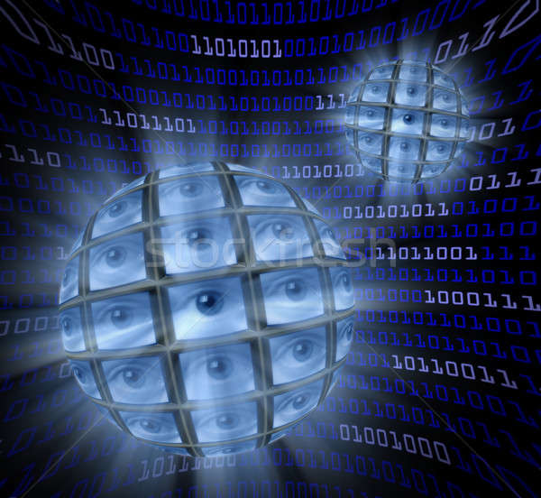 Stock photo: Spheres of monitors with eyeballs in a curved field of blue digi
