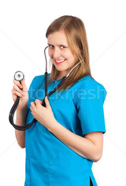 Kokett jungen Arzt halten Stethoskop bereit Stock foto © barabasa