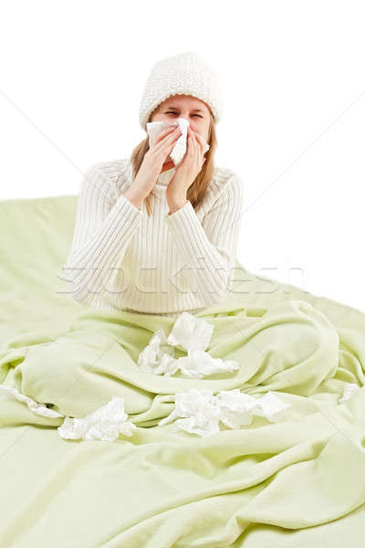 Nase weht Gewebe junge Mädchen Leiden Grippe Bett Stock foto © barabasa