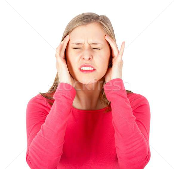 Migrena tineri doamnă femeie durere de cap Imagine de stoc © barabasa