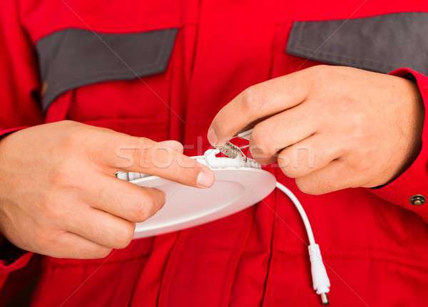 Stockfoto: Plafond · lampen · onderdelen · handen · kabel