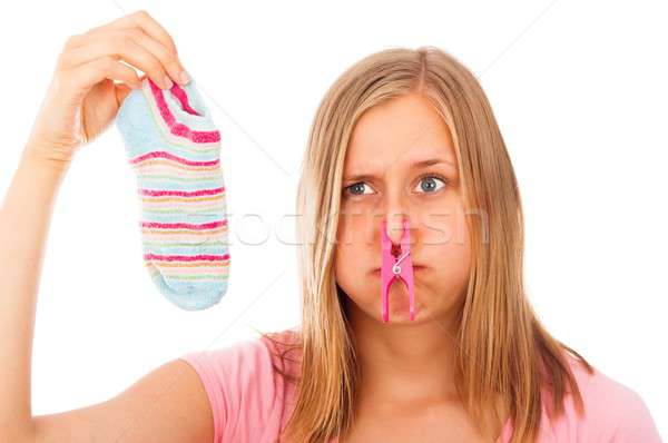 Funny Frau tragen Pin Nase schlecht Stock foto © barabasa