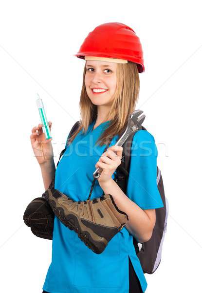 Heureux multitâche jeune femme plusieurs professions sourire [[stock_photo]] © barabasa