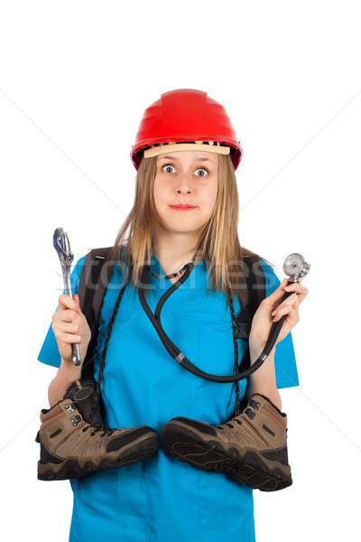 Stockfoto: Bang · multitasking · jonge · vrouw · verscheidene · beroepen · arts