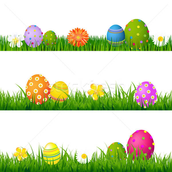 Big Green Grass Set With Flowers And Easter Eggs Stock photo © barbaliss