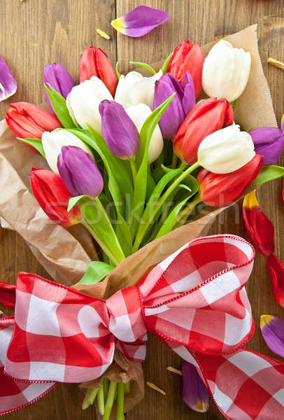 Stock foto: Farbenreich · Tulpen · Ostern · Holztisch · Liebe · Geburtstag