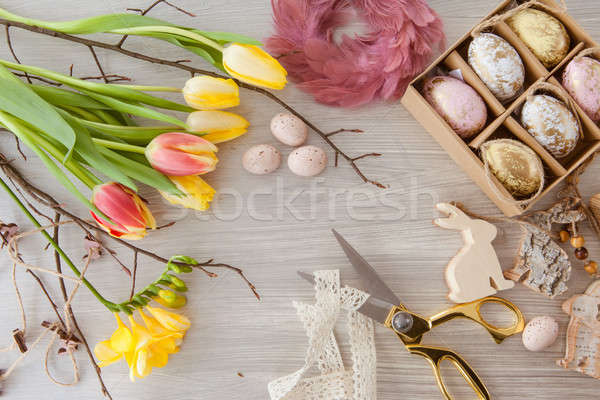 Díszítések húsvét friss virágok kellemes húsvétot jókedv Stock fotó © BarbaraNeveu
