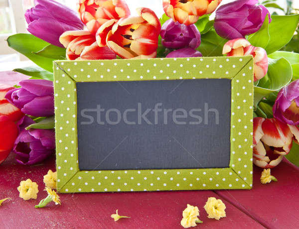 Foto stock: Fresco · tulipas · pequeno · quadro-negro · colorido · cópia · espaço