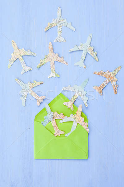 Foto stock: Envelope · papel · aviões · verde · vintage · mapas