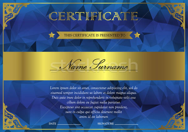 Certificato diploma modello orizzontale blu oro Foto d'archivio © barsrsind