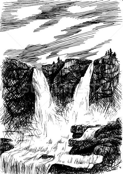 Vector mountain landscape with waterfall by hatching Stock photo © barsrsind