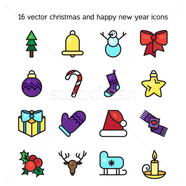 Stock fotó: Vidám · karácsony · ikonok · ikon · szett · boldog · új · évet · szimbólumok