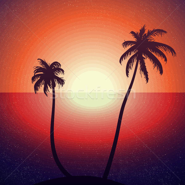 Foto stock: Tropicales · puesta · de · sol · palmas · vintage · playa · tropical · etiqueta