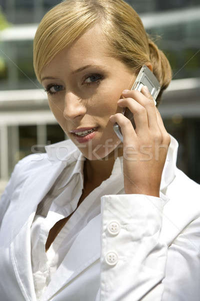 Aantrekkelijk zakenvrouw praten telefoon internet vergadering Stockfoto © bartekwardziak