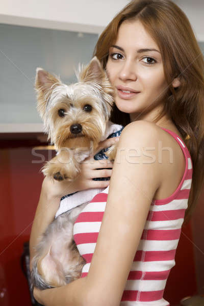 Cute young girl with her Yorkie puppy Stock photo © bartekwardziak